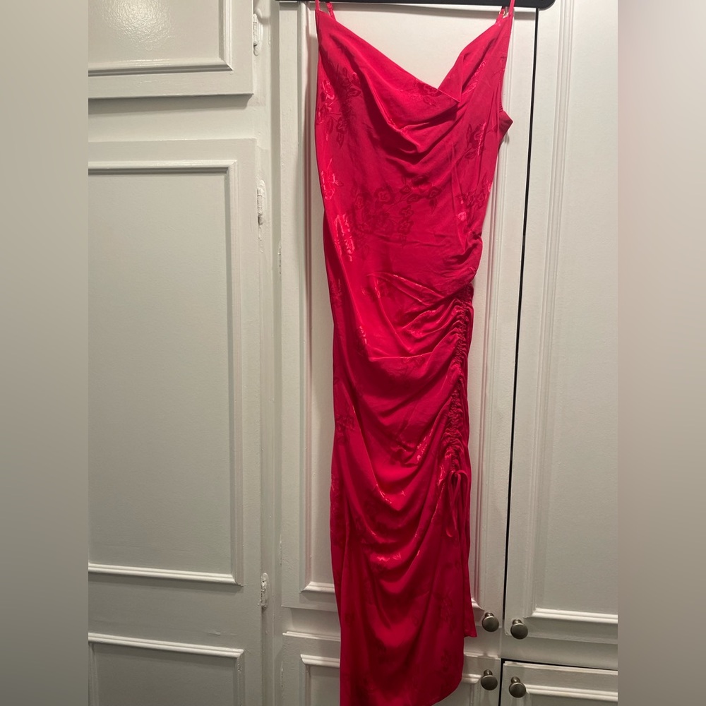 Lovers + Friends hot pink satin midi dress with ruching.